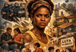 Mulher negra no centro da imagem com uma série de situações da vida social da periferia.