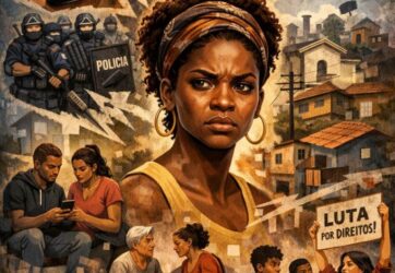 Mulher negra no centro da imagem com uma série de situações da vida social da periferia.