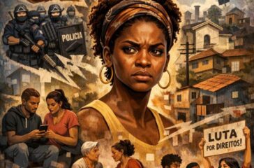 Mulher negra no centro da imagem com uma série de situações da vida social da periferia.