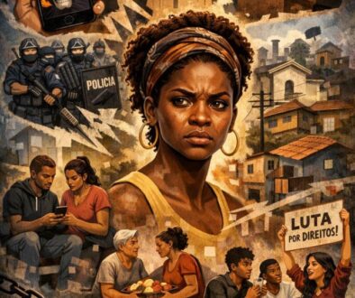 Mulher negra no centro da imagem com uma série de situações da vida social da periferia.